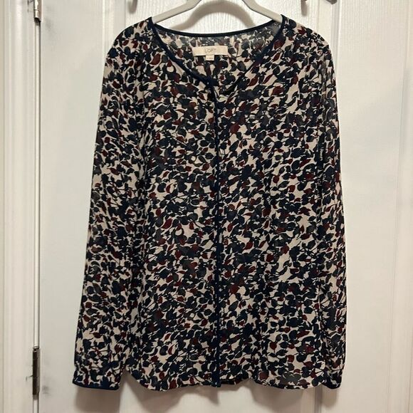 Loft sheer button down print blouse blue floral women’s medium Top EUC - Picture 1 of 13